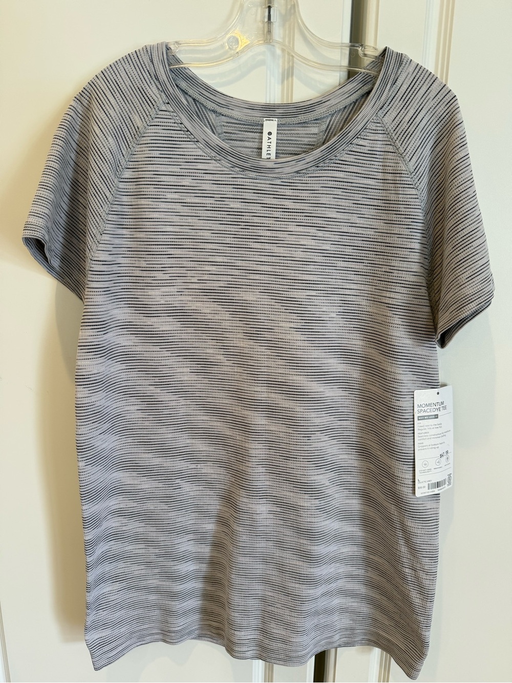 Athleta Grey Striped Short Sleeve Momentum Spacedye Tee, NWT, size L